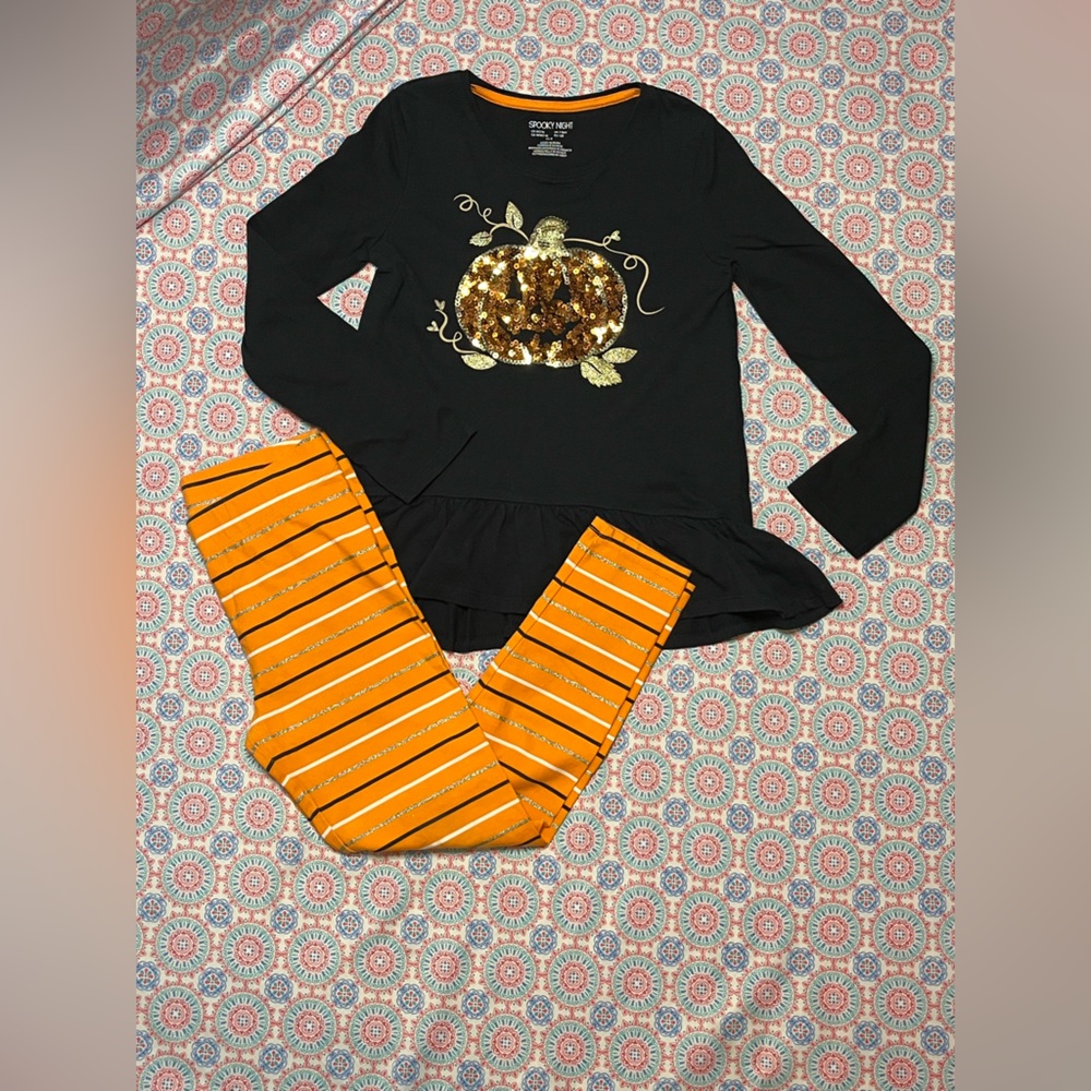 Sz 7/8 Black Sequin flip Pumpkin Top and Orange Striped Leggings Set